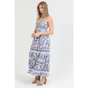 Angie Boho Maxi Dress Medium Blue & White Floral Tiered Cottagecore Festival